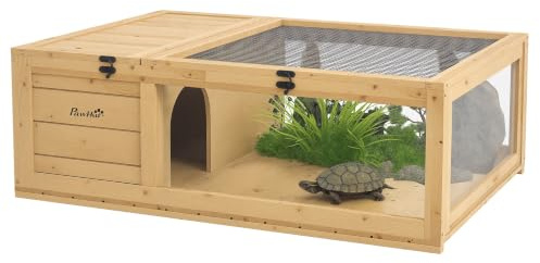 PawHut Tortoise House Mesh Roof Tortoise Enclosure Side Panel Light Yellow | Small Reptile Wooden House, Fir Wood, Turtles Lizards Geckos Snakes