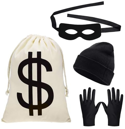 Crazycos Räuber Kostüm Set, 4 Stück Robbers Bank Bill Shirt Fancy Dress Thief Outfit Swag Bags Criminal Cosplay Carnival Halloween Party