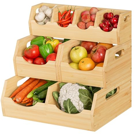MTGSTOCL Upgraded 3-Tier Bamboo Pantry Storage Bins, Ventilated Stackable Potato & Onion Organizer w/ Spice Tray & 3 Veggies Baskets for Kitchen, Pantry, Bathroom & Living Room