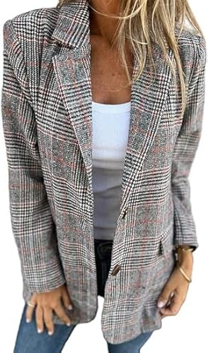 FM2018XSL Blazer en Tweed Chic Veste Courte à Carreaux pour Femme Élégant sans Col Travail Bureau Décontracté