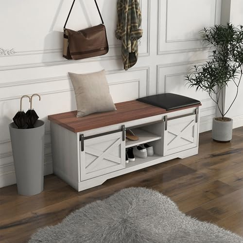 AffinityFurn Farmhouse Shoe Storage Bench, 2-Tier Entryway Shoe Bench with Sliding Barn Door & Padded Seat, Shoe Organizer for Hallway Living Room Bedroom