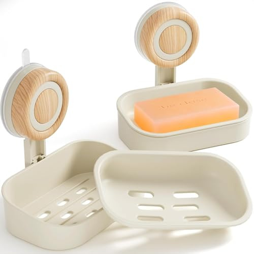 Seifenschale mit Ablauf, 2 Stück - Doppelstöckiger Seifenhalter mit Saugnapf, Wandmontage & Bohrfrei, Selbstentwässernde Seifenschale für Dusche, Badezimmer und Küchenspüle (Beige)