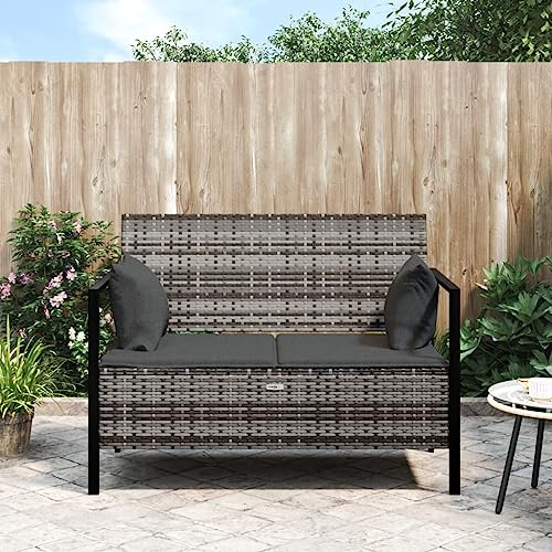 Bucmath Gartenbank 2-Sitzer, Grau Poly Rattan mit Kissen, Outdoor Sitzbank für Terrasse, Balkon, 112 cm Breit, Wetterfest, Robuster Stahlrahmen, Komfortable Polsterung