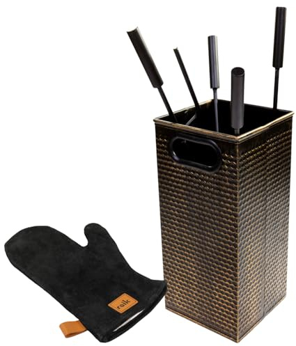 raik Kaminbesteck Set Oskar 4-teilig inkl. Rindsleder Ofenhandschuh bronze Kamingarnitur mit Stahlgriffen für Reinigung und Bedienung von Kaminen Öfen Feuerstellen Holzöfen