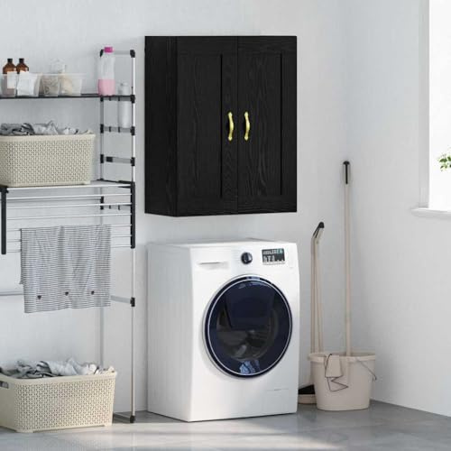 RMIHSJG Wandschrank Schwarz Eichen-Optik 69,5 x 34 x 90 cm mit Metallstangen-Griffen und wandmontierten Regalen für modernen Stauraum