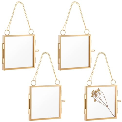 GORGECRAFT 4 Mini Cadre Photo Mural en Laiton de 7x6.5cm de Côté Style Vintage Carré avec Double Verre Transparent Chaînette Idéal pour Exposer des Fleurs Séchées des Créations Artistiques Intérieure