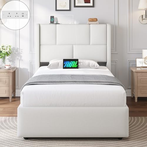 Brinlawb 3ft Ottoman Single Bed Frame with Hydraulic Lift-Up Storage, Upholstered Bed Frame Single with Height-Adjustable Headboard & Charging Station, Ample Under-Bed Storage Space, 90x190 cm, White