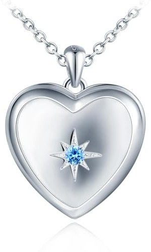 feilok 925 Sterling Silber Kette Damen Halskette mit blau Zirkonia Herz Stern Foto Medaillon zum Öffnen Photo Bilder Amulett