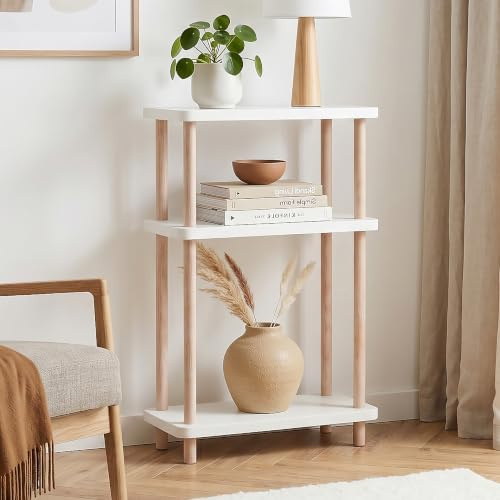 [en.casa] Standregal schmal Nampernu 62x40x18 cm Weiß | Nischenregal, Beine aus Massivholz, mit 3 Ablagen, Bücherregal, für Wohnzimmer, Schlafzimmer, Bad, Flur