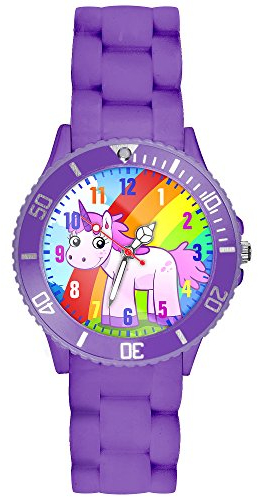 Taffstyle Kinder-Armbanduhr Analog Quarz mit Silikon-Armband Zahlen Einhorn Kinderuhr Lernuhr Sport-Uhr Rainbow Lila
