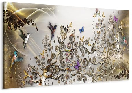 murando - Wandbilder XXL a'la Gustav Klimt 150x50 cm 1 tlg - Wand Deko Vlies Leinwand Bilder Groß Wanddeko Wohnzimmer Schlafzimmer Kunstdrucke Panoramabild - Abstrakt Baum Vogel Kolibri