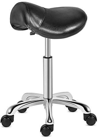 Kaleurrier Sattelhocker, drehbar, höhenverstellbar, mit Rollen, robuster Hocker, ergonomischer Hocker für Labor, Klinik, Zahnarzt, Salon, Massage, Büro und Küche zu Hause (schwarz, ohne Rückenlehne)