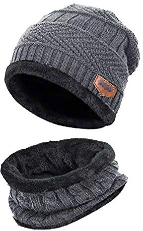 World of Shawls Unisex Men Women Knitted Fleece Beanie Hat and Loop Circle Scarf Snood Set Warm Soft and Comfortable