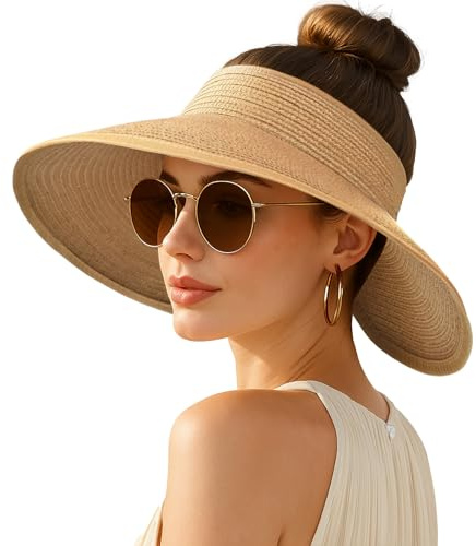 Women's Sun Visor Hats Wide Brim Straw Beach Hat Ponytail Hats for Women Foldable Floppy