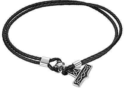 JewelryWe Schmuck Herren Lederarmband Gotik Wolf Thors Hammer Keltischer Knoten Kordelkette Armband Edelstahl Leder Echtleder Armreif Schwarz Silber