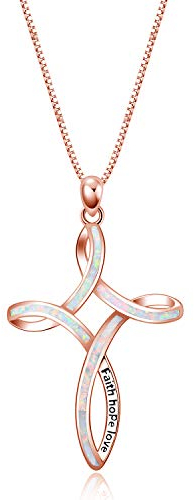 WINNICACA keltisch knoten Halskette Sterling Silber Erstellt Rose Gold Opal Love Knot Anhänger Halskette Schmuck für Frauen, Gravierte Glaube Hoffnung Liebe an der Celtic Cross Halskette