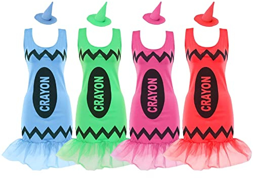 Ladies Crayon Costume - Brightly-Coloured Dress with Tutu Trim and Matching Pointed Hat - Adults Womens Glitz & Glitter School Book Week World Book Day Fancy Dress Costume