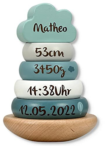 Stapelturm mint - personalisierbar I Geschenk zur Geburt & Taufe I Handmade Baby Holzspielzeug I Personalisierte Geschenke Baby I Label-Label I Stapelspiel mit Name & Geburtsdaten