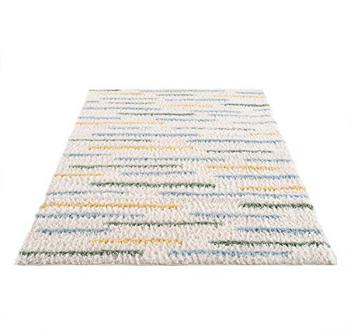 carpet city Teppich-Läufer Shaggy Hochflor - Streifen-Muster 80x300 cm Creme Multi - Moderne Wohnzimmer-Teppiche