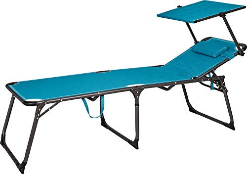 BERGER Slimline Dreibein Sonnenliege | klappbare Gartenliege mit Verstellbarer Rückenlehne Sonnenschutzdach & Kissen | leicht stabil belastbar bis 150 kg | Ideal für Balkon Strand & Camping (Hellblau)