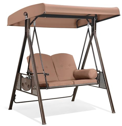 PURPLE LEAF Hollywoodschaukel 2 Sitzer Gartenschaukel Metall Gartenliege Schaukelbank mit Verstellbares Sonnendach, Beige