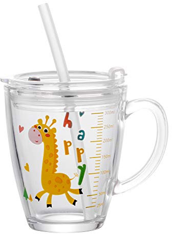 Tasse à Lait Enfant avec Paille Tasse d'eau Couvercle Anti-fuite Gobelet en Verre Transparent Verre à Boire avec Poignée Échelle Mug Dessiné Tasse Apprentissage pour Garçon Fille 300/400ML 4-6 ans