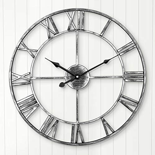 ARVINKEY Leise Wanduhr, europäisches Bauernhaus, Vintage-Uhr mit römischen Ziffern, 40 cm, Nicht tickend, batteriebetrieben, Metallskelett, dekorative Uhr für Zuhause, Küche, Café (Silber)