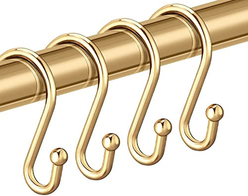 CHICTIE Shower Curtain Hooks Rings,Set of 12 Metal S Hooks,Glod Decorative Shower Hangers,Premium Anti-Rust Brass Hooks for Bathroom Curtains,Kitchen Utensils,Plants,etc