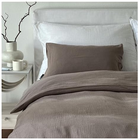 von Herzen Musselin Bettwäsche I weiche Bettwäsche I 100% Baumwolle I Bezug für Decke + Kissen I Bettwäscheset mit Reißverschluss für Erwachsene I handgenäht I Beige 135x200 & 80x80