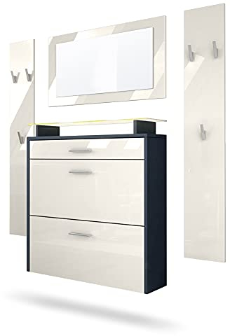 Vladon Garderobe Malea, Garderobenset bestehend aus 1 Hängeschuhschrank, 1 Wandspiegel und 2 Garderobenpaneele, Anthrazit matt/Creme Hochglanz, inkl. LED-Beleuchtung RGB