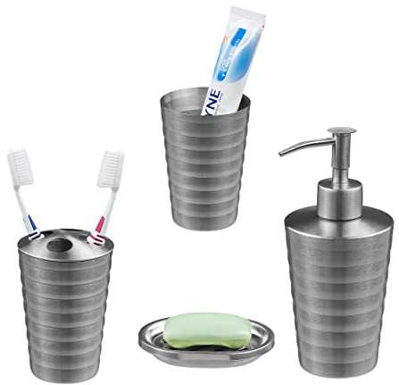 Relaxdays Accessoires de Salle de Bain, 4 pièces, en Acier INOX, Porte-Savon, Distributeur de Savon, gobelets, argenté