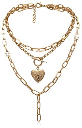 Yifnny Corazón Medallón Collar a Capas, Cool Punk Cadena Gruesa Collar llamativo en Forma de Corazón Medallón con Foto Colgante Collar de Medallón de Corazón en Capas para Mujeres (Oro)
