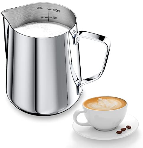 Newaner 600ml Milchkännchen zum Milchaufschäumen 304 Edelstahl, Milchkanne mit Messung Mark 12oz für Barista, Milch Pitcher für Cappuccino, Espresso, Latte Art, Perfekt für Kaffeeliebhabe, Silber