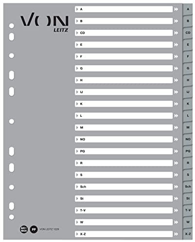 VON Leitz 10er Pack Alphabet-Register A-Z, A4 für Ordner, PP-Karton, Extra breit, 11-Loch-Universalregister für Schnellhefter & Ringbücher, alphabetische Trennblätter, Grau, 12290085