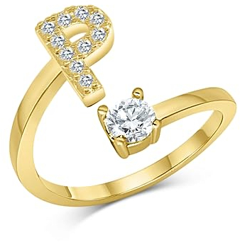 Zelaro Zirkonia Ring Mit Initialen Gold | Pärchen Schmuck für Mädchen Geschenk | Buchstabe Frauen Schmuck Zum Jahrestag | Verstellbare Ringe in Gold (P)