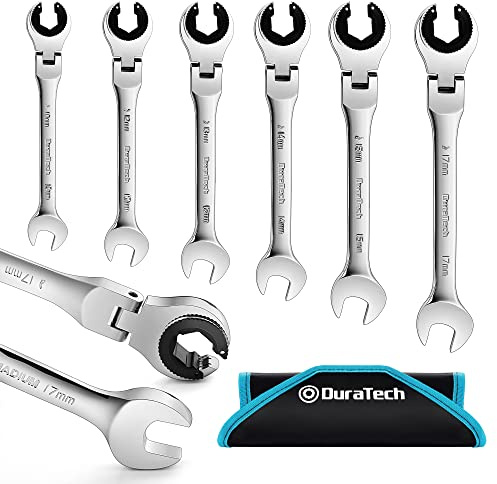 DURATECH 6-Piece Ratcheting Wrench Set with Open Flex-head, Metric Ratcheting Tubing Wrench Set, 10-17mm, 72-Tooth Gear, CR-V Steel, with Organizer Bag, Gifts for Men