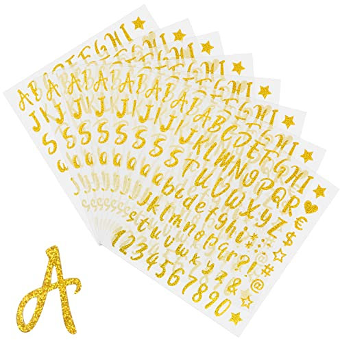Zsanhua 8 Sheets Glitter Letter and Number Alphabet Stickers - Self-Adhesive DIY Labels for Scrapbooking, Greeting Cards, Graduation Cap Decoration (Gold)