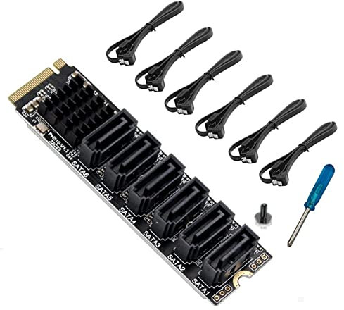 Povxlum Carte D'Extension PCIE vers 6Gpbsx6 Ports + Câble M.2 MKEY PCI-E Carte de M.2 NVME vers SATA3.0 ASM1166 Prise en Charge PM
