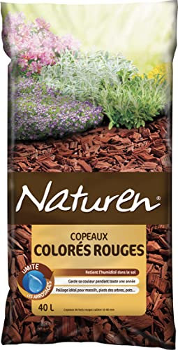 NATUREN NATCOPR - Paillage Copeaux de Bois Colorés Rouges 40 L - Retient l'humidité dans le sol - Garde sa couleur toute l'année - Limite la pousse des mauvaises herbes - Pour massifs, arbres, pots