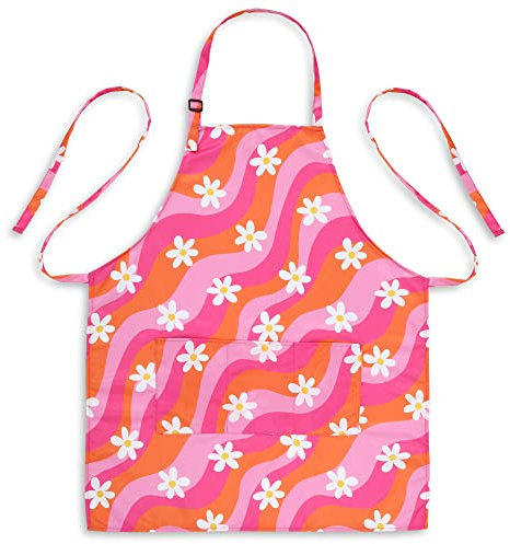 Plum Hill Groovy Flowers Pink and Orange Cosmetology Apron for Hair Stylist, Nail Tech, Esthetician, Make-up Artist - Waterproof Bleach Proof - Hairdresser Apron with Pockets, Multi, Adult