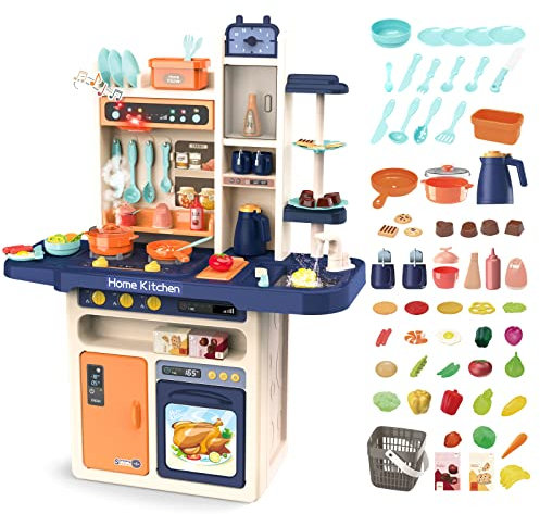 deAO Kitchen Playset Toy with Realistic Lights & Sounds, Kids Play Kitchen Set with Simulation of Spray Features, Pretend Role Play Toys with Lots of Kitchen Accessories for Toddlers (Blue)