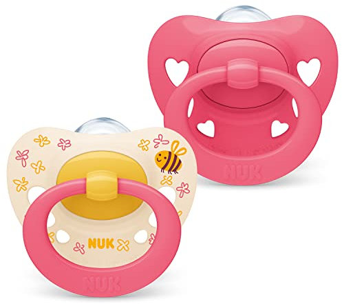NUK Signature ciuccio | 18-36 mesi | Calma il 95% dei bambini | Succhietti a forma di cuore in silicone senza BPA | Custodia compresa | Cuori rosa | 2 pezzi