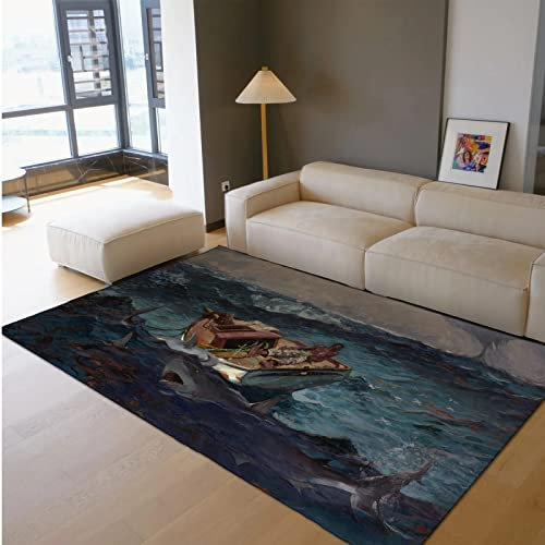 BYJING Art Maritime Landschaft Bereich Teppich Marineblau Winslow Homer Kunstwerk Hai Bereich Teppich Anti Rutsch Rücken Teppiche für Wohnzimmer Schlafzimmer Dekor 160x220cm