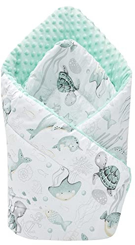 Medi Partners Einschlagdecke Steckkissen Minky 100% Baumwolle 75x75 cm Schlafsack doppelseitiges weich ganzjährig multifunktional antiallergisch Babys (Ozean mit Mint Minky)