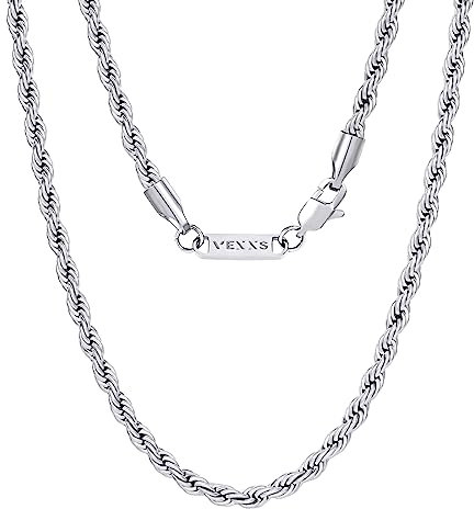 VEXXS Rope Chain, 18K Real Gold Plated Rope Necklace Mens Gold Chain, Durable No Color Fading 3mm 5mm Miami Cuban Link Chain Men’s Necklace 46-66cm