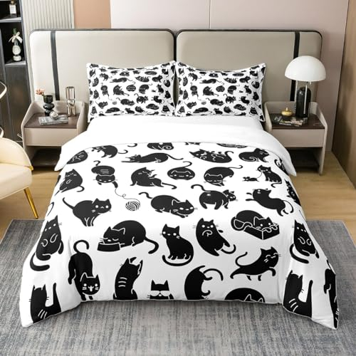 Nette Schwarze Katzen 100% Bio-Baumwolle Bettbezug Schöne Kätzchen Bettwäsche Set 155x220,Schwarz Weiß Tröster Abdeckung Cartoon Kleine Katze Haustier Tier Bett Sets mit 1 Kissenbezug Hautfreundlich