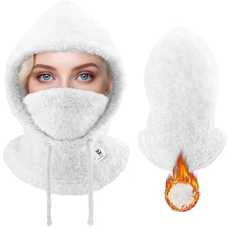 Qunature Cagoule Polaire Hiver Balaclava Thermique Coupe-Vent Capuche Épais Chaud Cordon Réglable Ski Vélo Moto Snowboard Trottinette Cache Col Visage Femme Homme M/L Noir Blanc Gris Rose Bleu-Vert