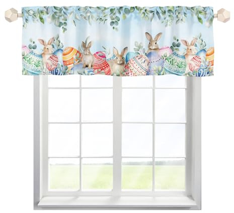 EHJOS Ostern Kaninchen Scheibengardinen Bistrogardine mit Stangendurchzug Kurz Stores Schals Landhaus Fenstervorhang für kleine Fenster Küche Wohnzimmer Landhaus Multicolor 1pc