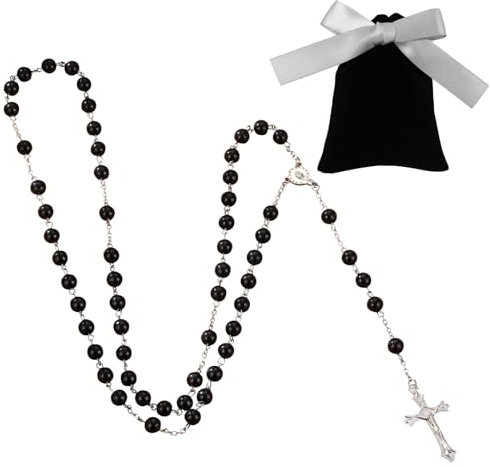 SOETDERT Rosenkranz Kommunion Halskette, Katholisch Perlen Kreuzkette mit Schmuckbeutel, Kreuz Gebetskette Christlich, Retro Rosenkranz Halskette Geschenke für Männer Damen (Schwarz)