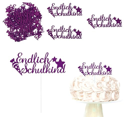 Oblique Unique® Torten Topper + Konfetti Set Endlich Schulkind Dekoration für Schuleinführung Einschulung Schulanfang von Jungs Mädchen Topper Kuchendeckel Tischdeko (Dunkellila)
